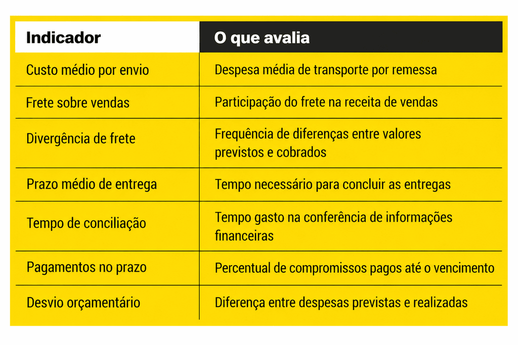 Da gestão de frete à gestão financeira: como ampliar a eficiência da operação.
Indicador
O que avalia
Custo médio por envio
Despesa média de transporte por remessa
Frete sobre vendas
Participação do frete na receita de vendas
Divergência de frete
Frequência de diferenças entre valores previstos e cobrados
Prazo médio de entrega
Tempo necessário para concluir as entregas
Tempo de conciliação
Tempo gasto na conferência de informações financeiras
Pagamentos no prazo
Percentual de compromissos pagos até o vencimento
Desvio orçamentário
Diferença entre despesas previstas e realizadas